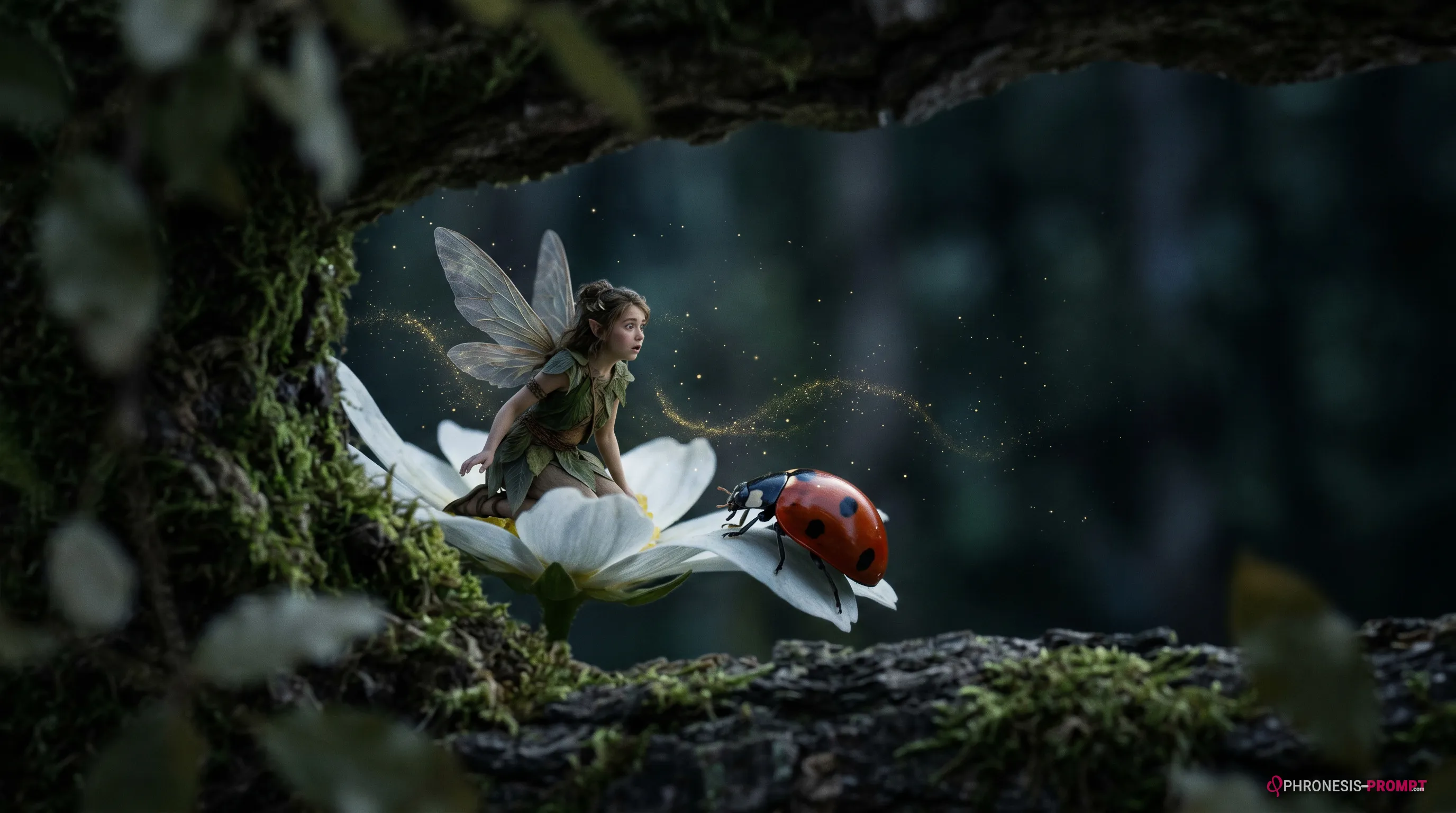 Hada con mariquita y halo mágico, estilo fantasy imagen generada con prompt Phronesis-Prompt
