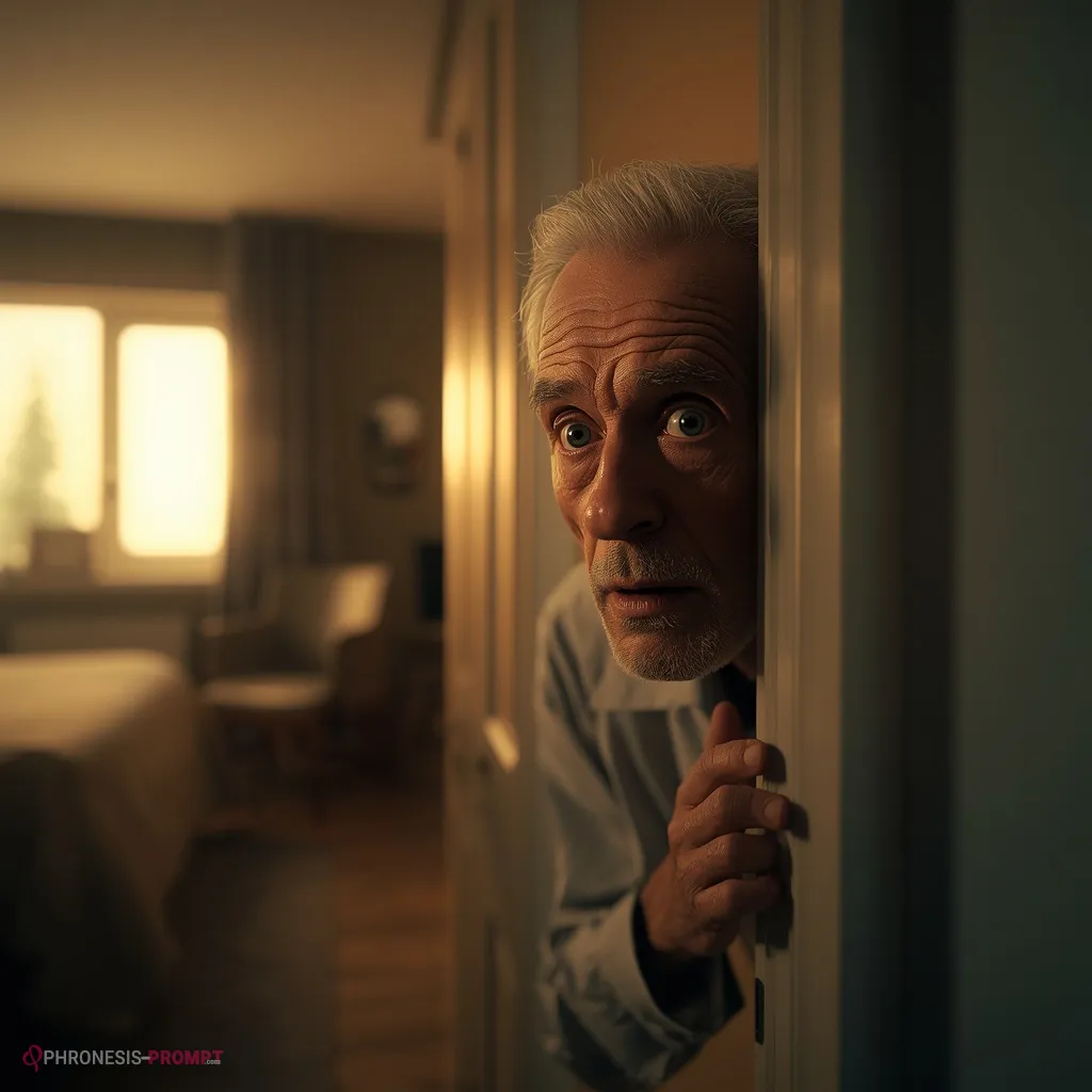 Old man looking through a door into a modern teenage bedroom, hyperrealistic photography