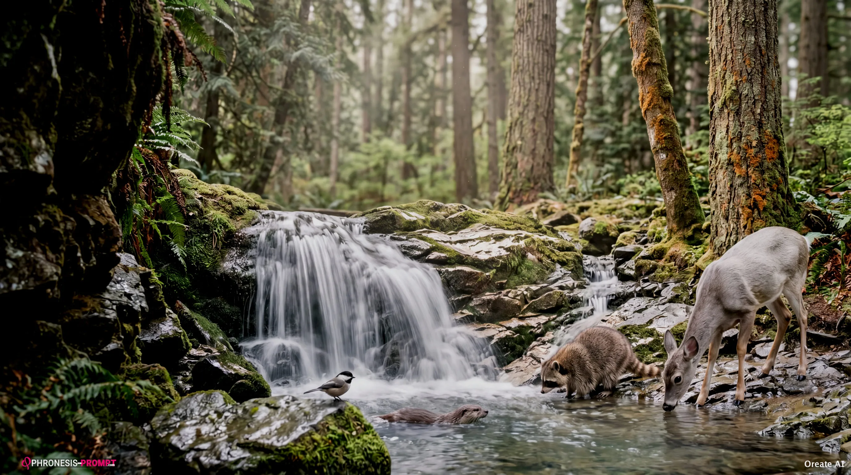 Bosque con animales tomando agua, imagen generada con prompt Phronesis-Prompt
