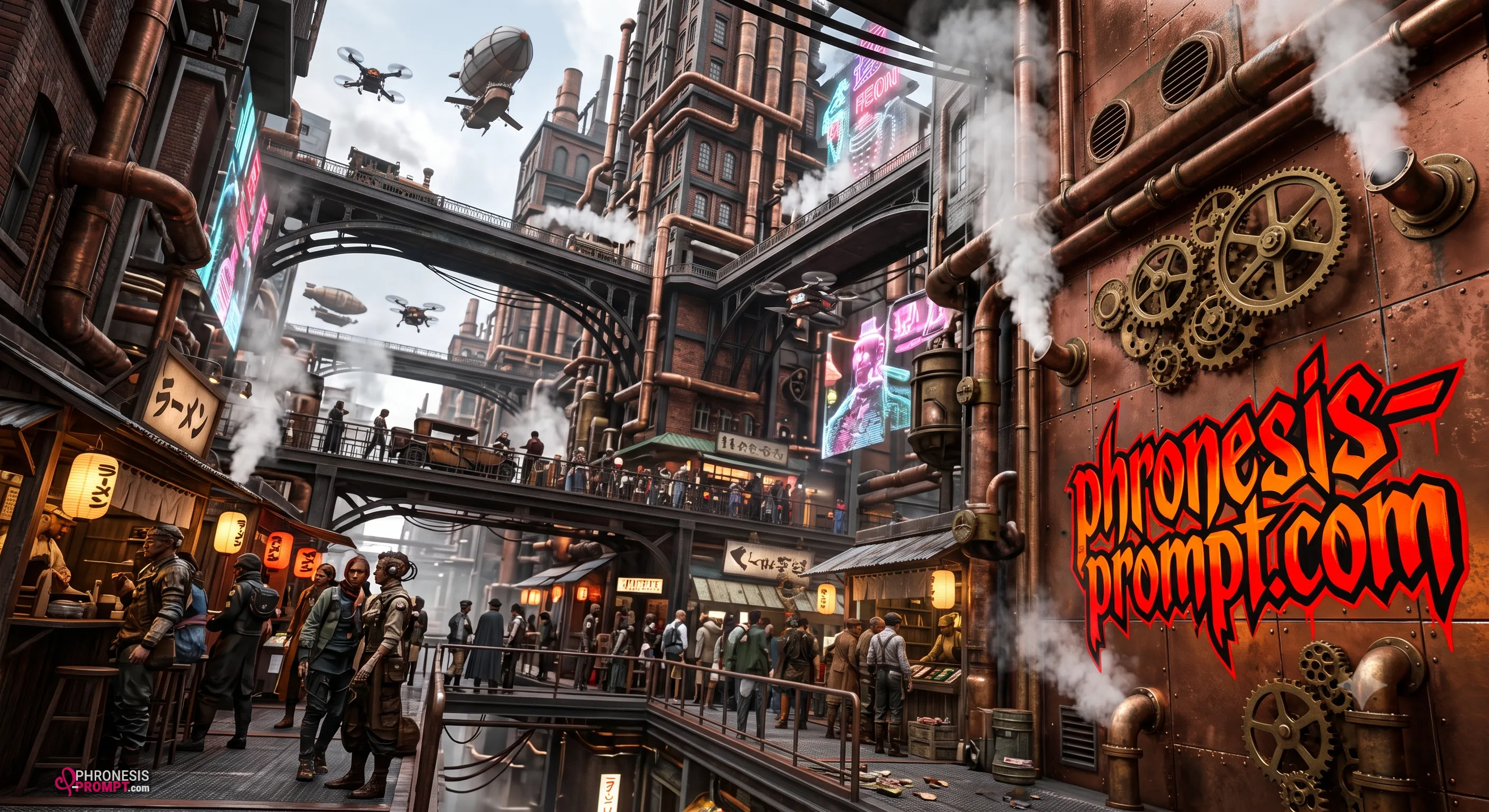 Cuidad estilo steampunk, imagen con prompt de phronesis-prompt
