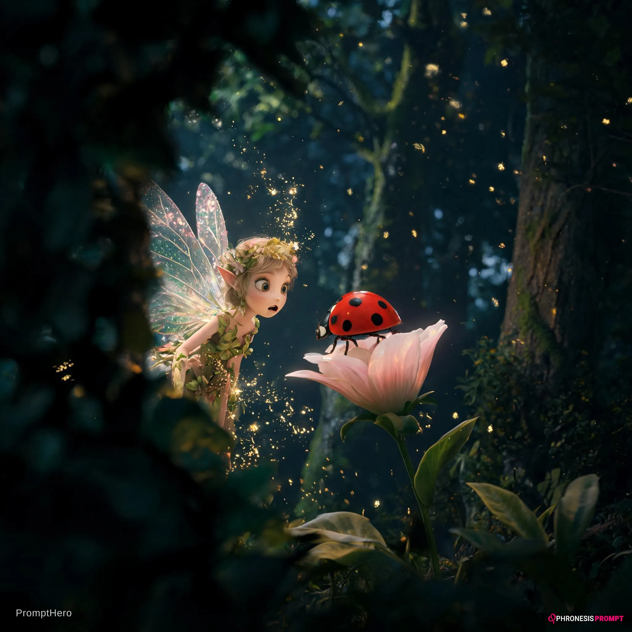 Hada con mariquita y halo mágico, estilo fantasy imagen generada con prompt Phronesis-Prompt