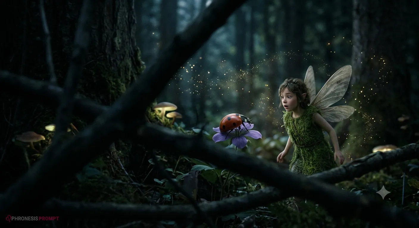 Hada con mariquita y halo mágico, estilo fantasy imagen generada con prompt Phronesis-Prompt