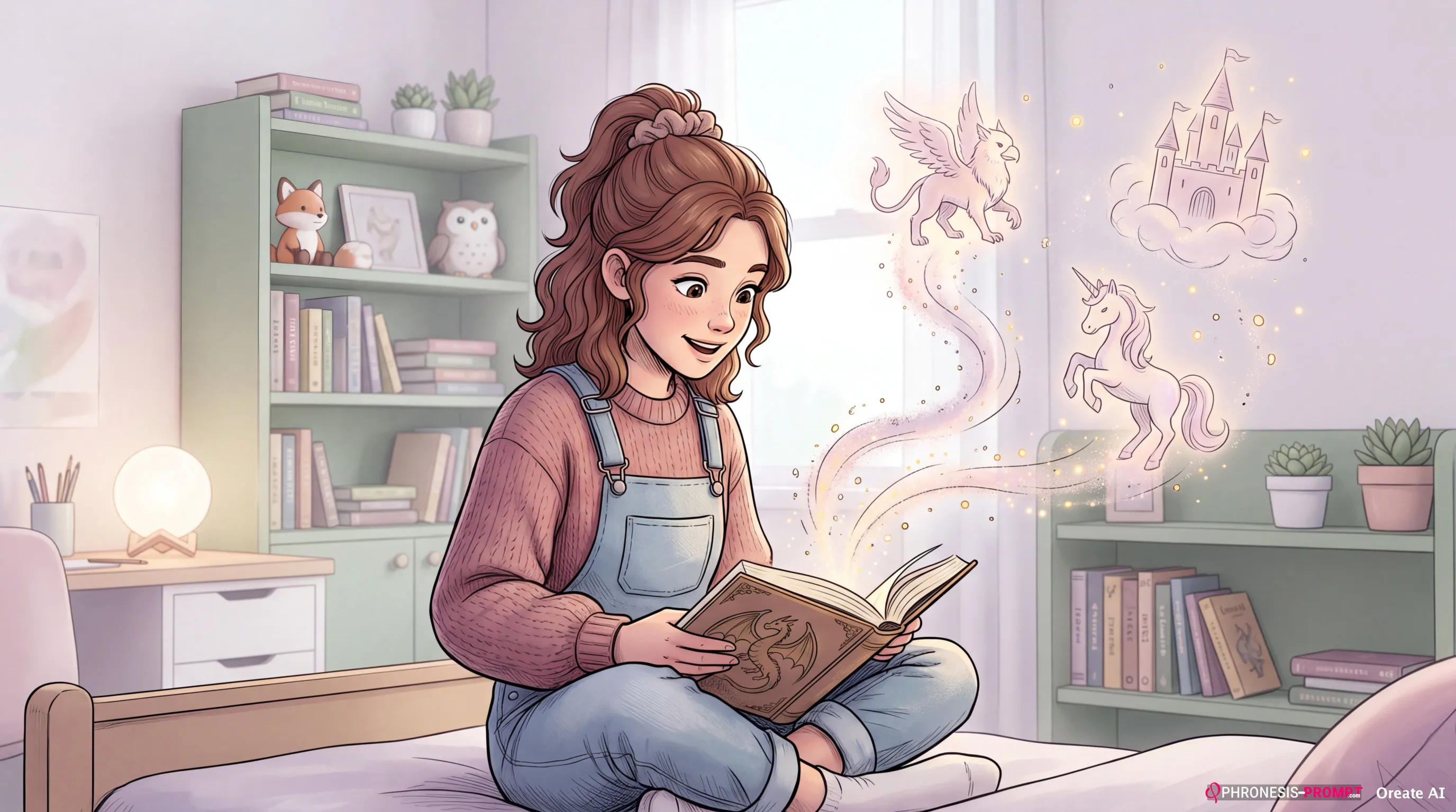 Niña Dibujo leyendo fantasia en habitación. Imagen generada con prompt Phronesis-Prompt