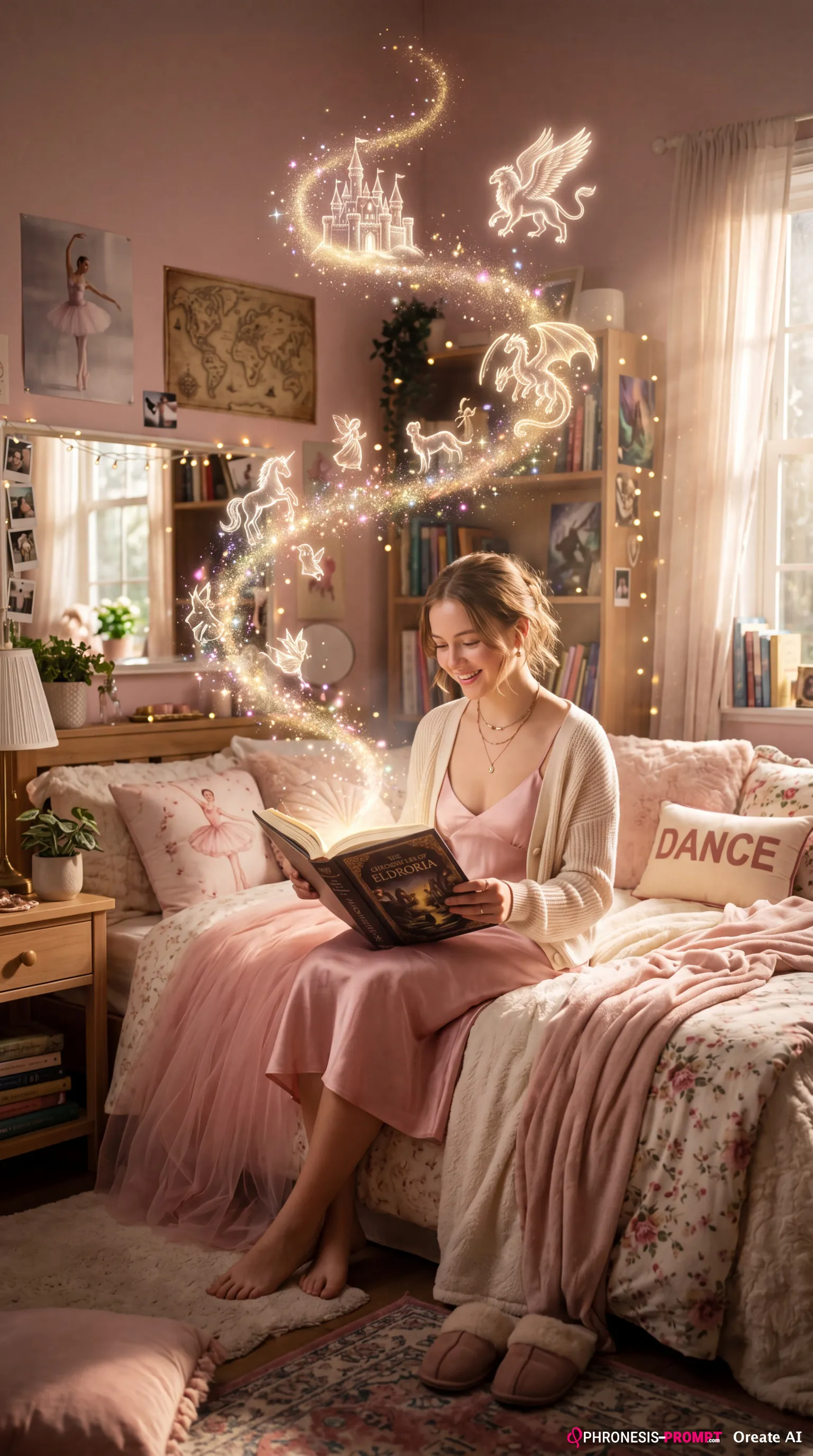 Niña fotorealista leyendo fantasia en habitación. Imagen generada con prompt Phronesis-Prompt