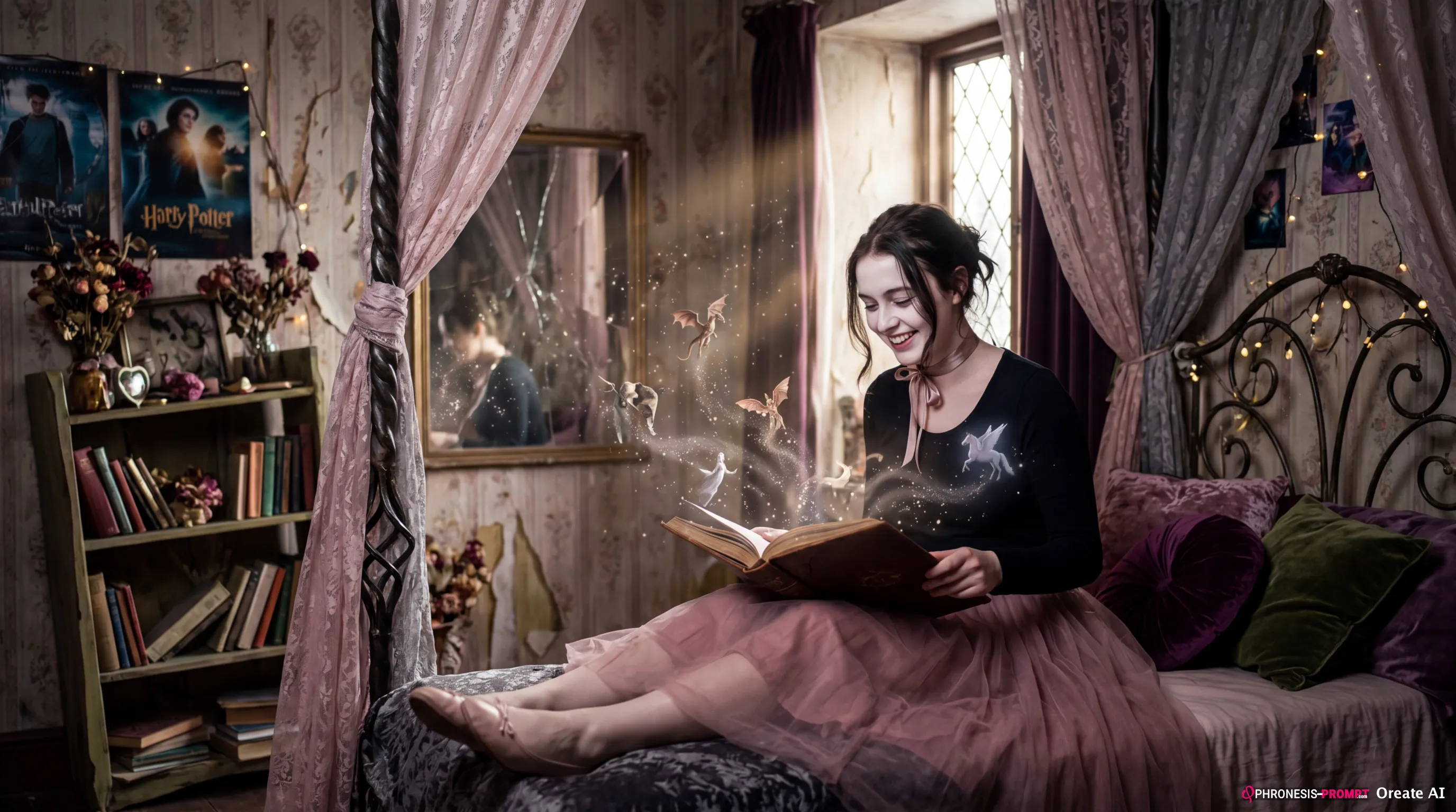 niña leyendo libro de fantasia, estilo tim burton imagen generada con prompt Phronesis-Prompt
