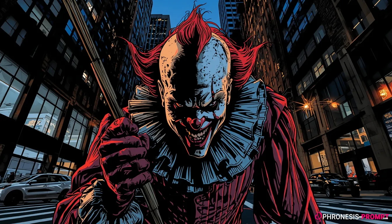 Payaso en comic tipo spawn, estilo comic imagen generada con prompt Phronesis-Prompt