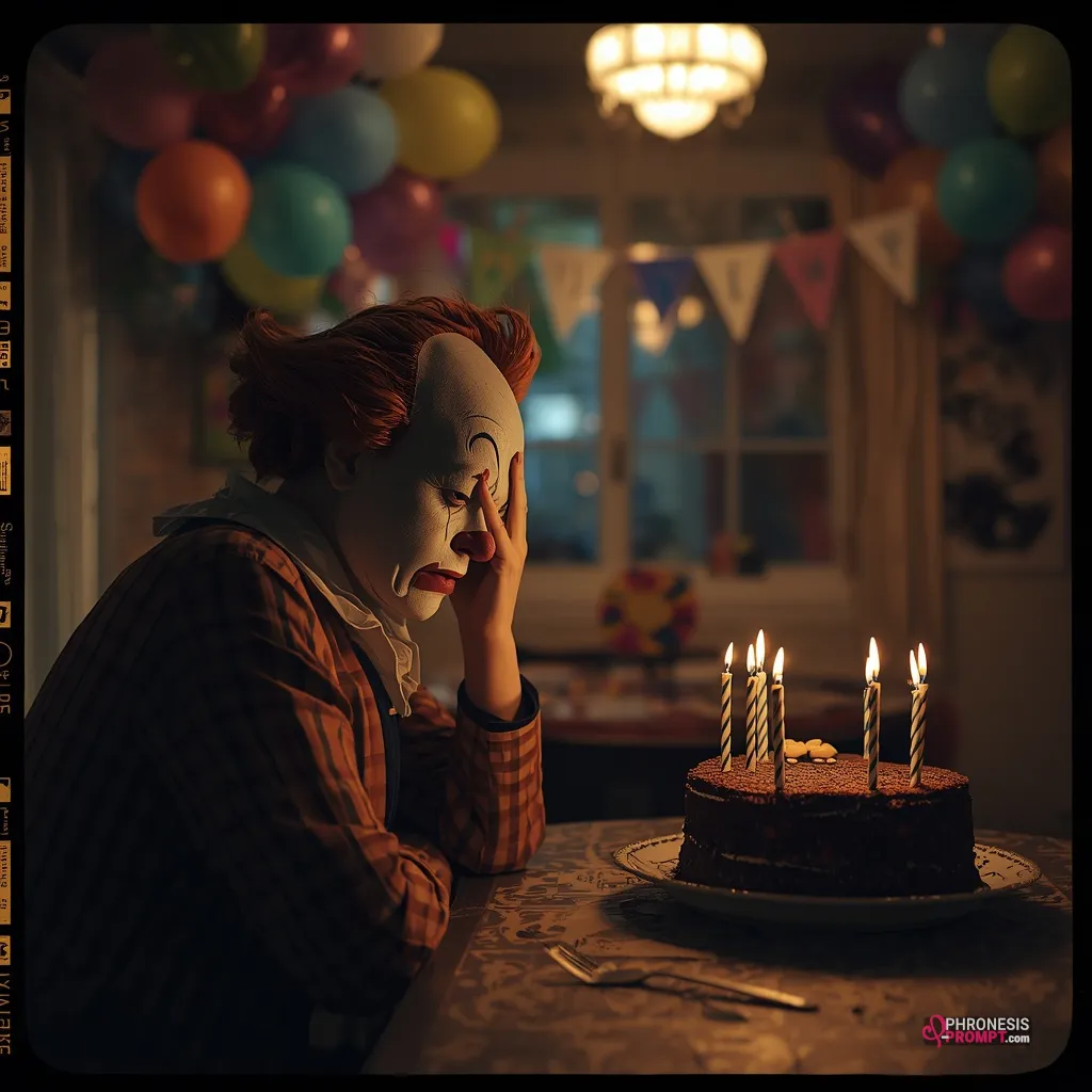 payaso solitario treiste en una fiesta infantil, imagen con prompt de phronesis-prompt