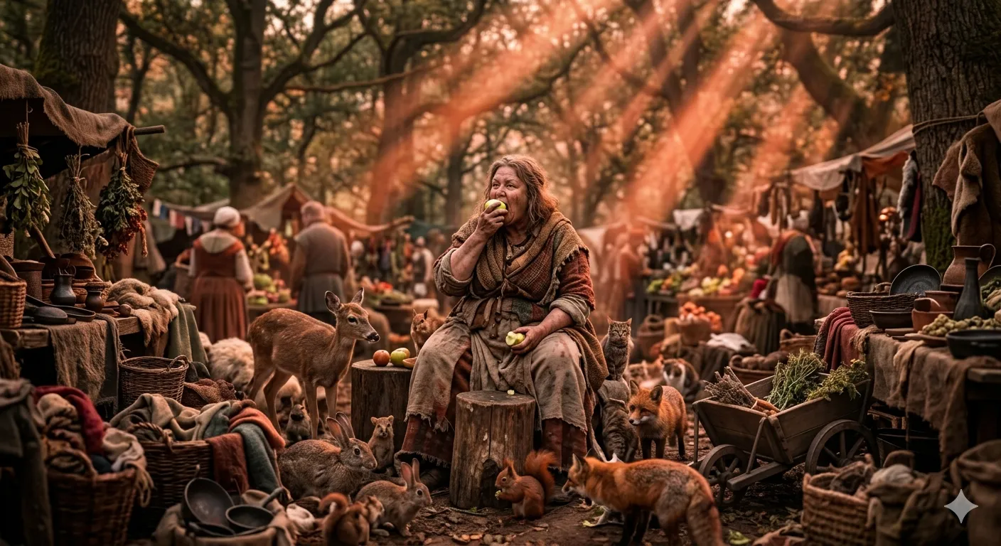 mujer gorda comiendo una manzana en mercado, imagen generada con prompt Phronesis-Prompt